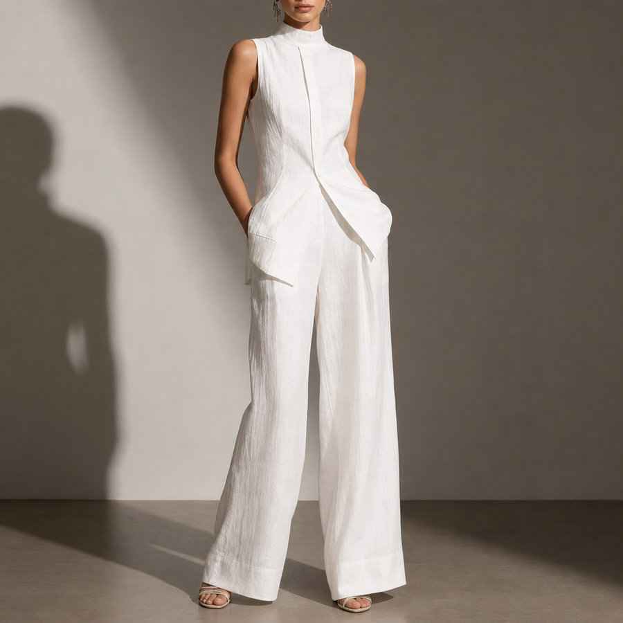 Toledo Linen Mock Neck Pant Set in White