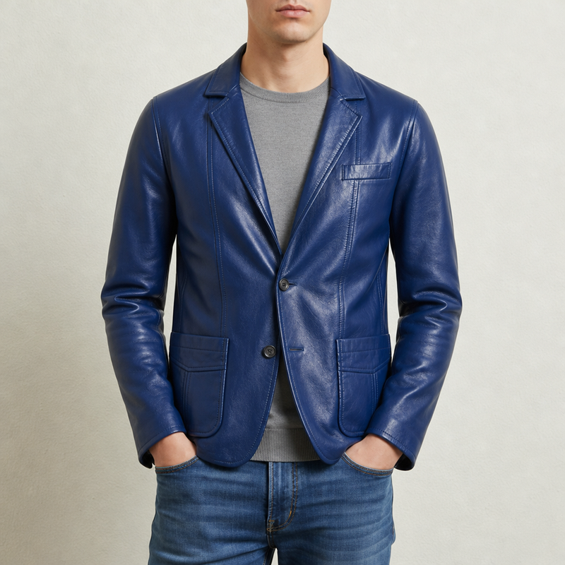 Trogir Leather Blazer Jacket in Royal Blue