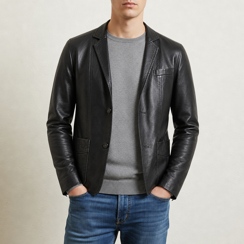 Trogir Leather Blazer Jacket in Obsidian Black