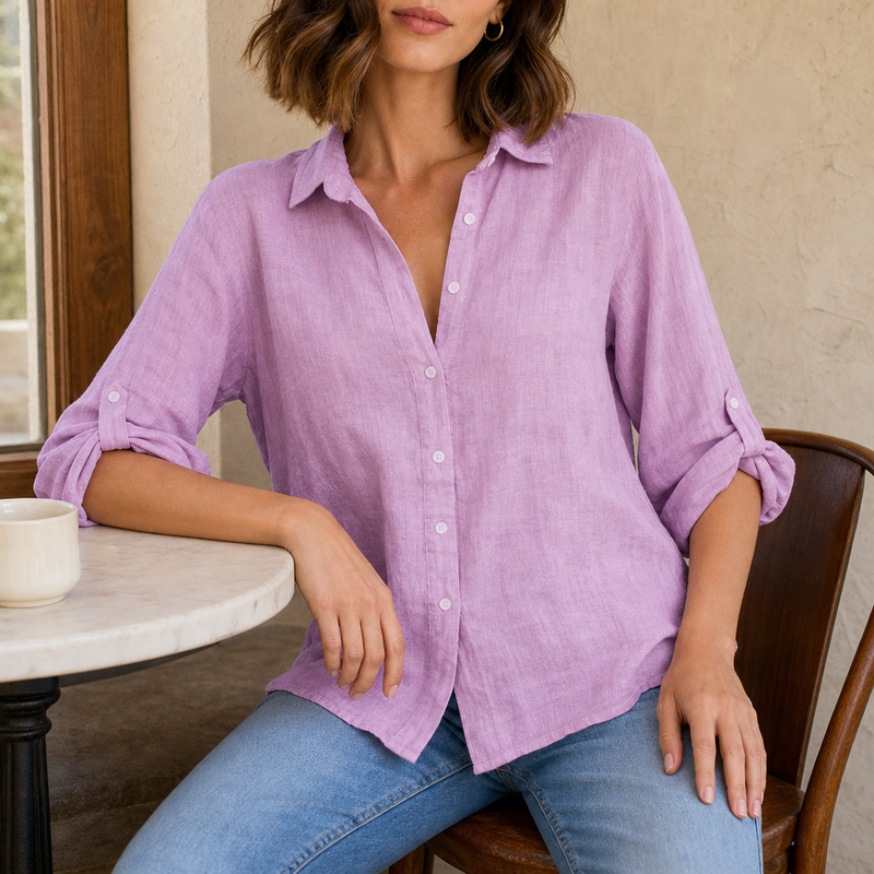 Trujillo Relaxed Linen Button-Up Shirt in Purple