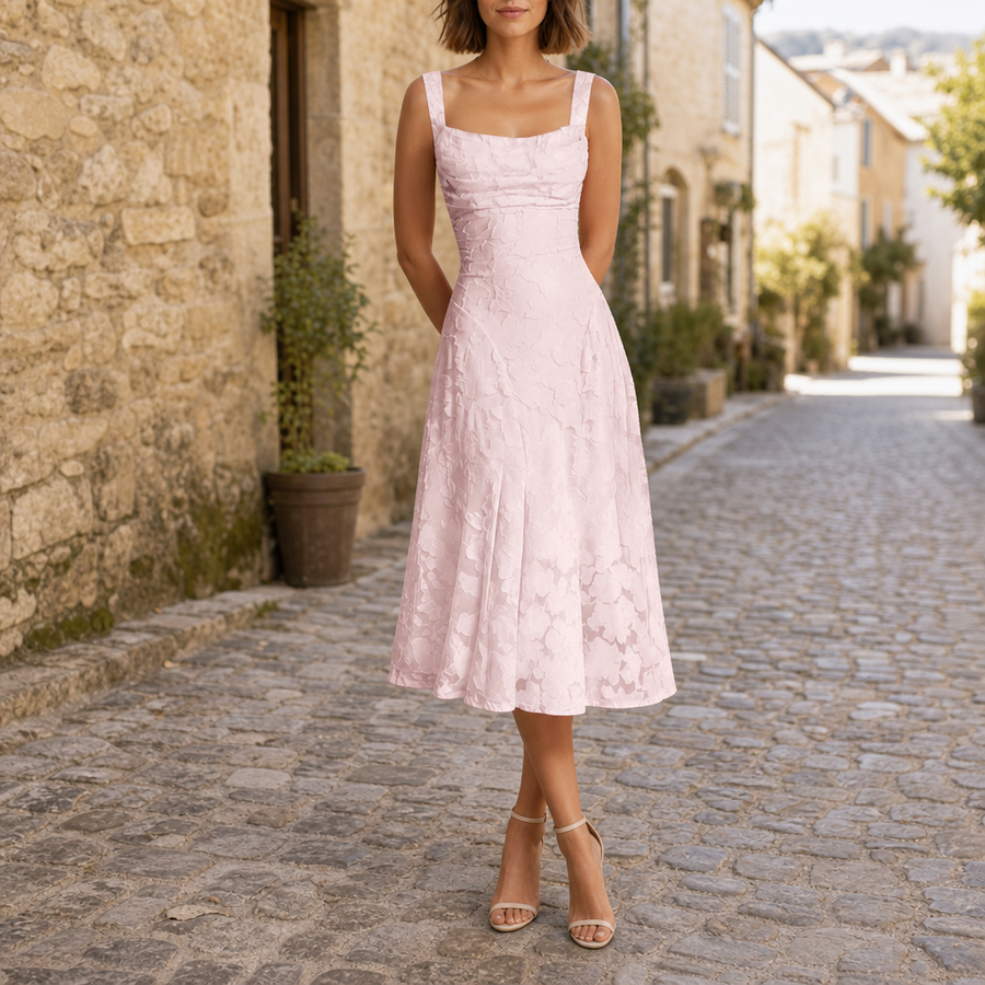 Uzes Floral Lace Midi Dress in Pink