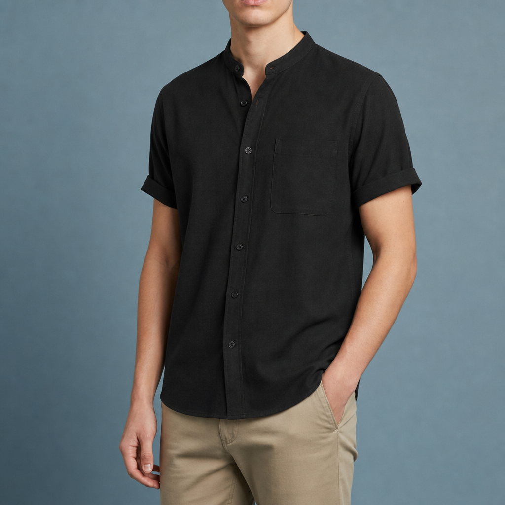 Valletta Collarless Linen Shirt in Classic Black