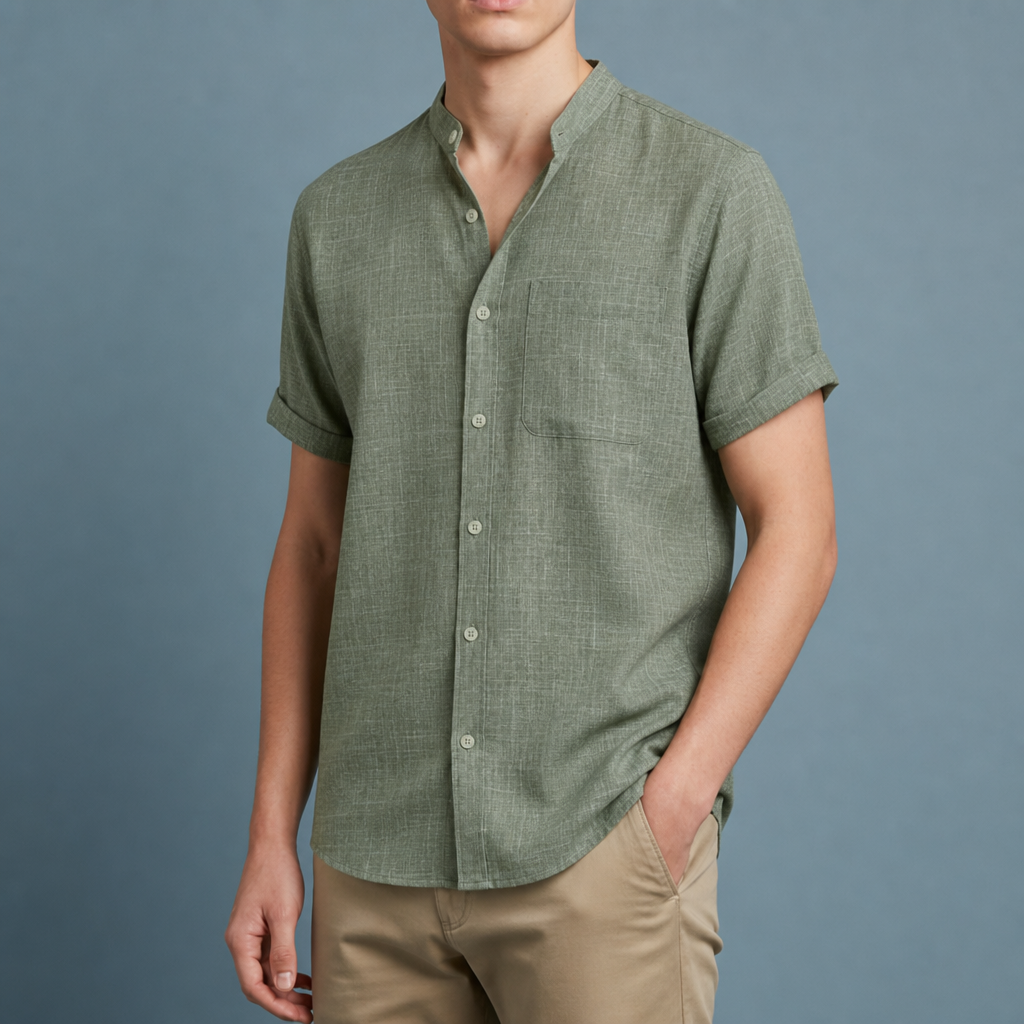 Valletta Collarless Linen Shirt in Emerald Green