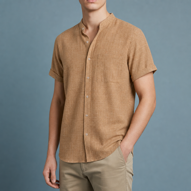 Valletta Collarless Linen Shirt in Pine Brown
