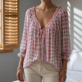 Valletta Ruffle Lace-Up Blouse in Pink