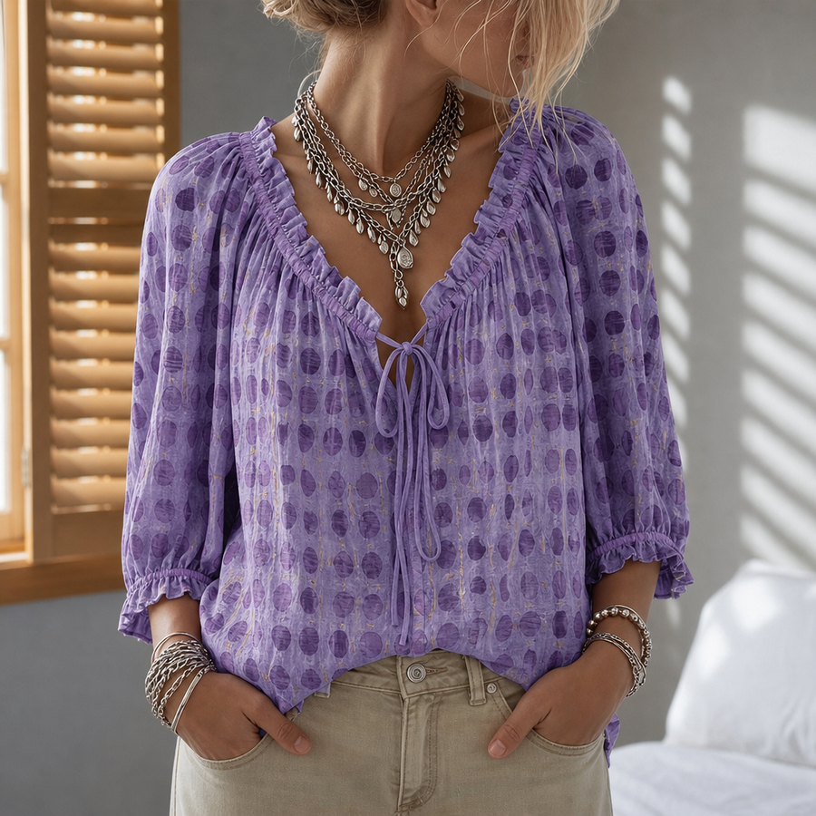Valletta Ruffle Lace-Up Blouse in Purple