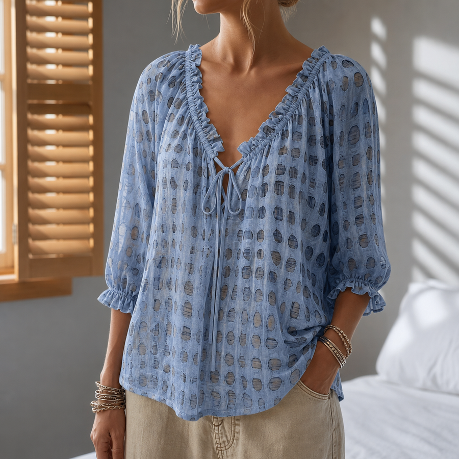 Valletta Ruffle Lace-Up Blouse in Misty Blue