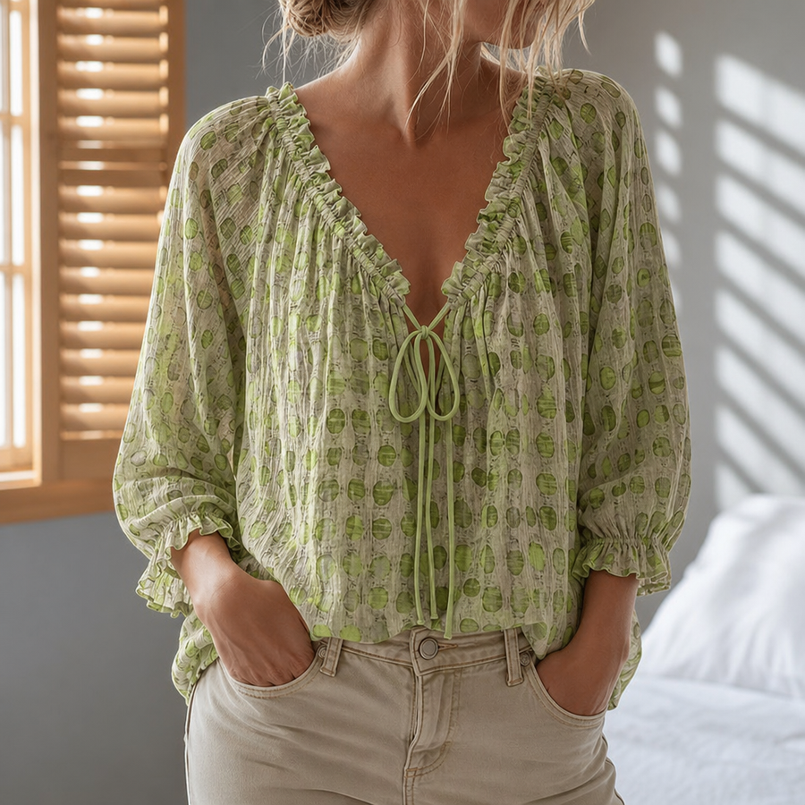 Valletta Ruffle Lace-Up Blouse in Green
