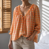 Valletta Ruffle Lace-Up Blouse in Orange