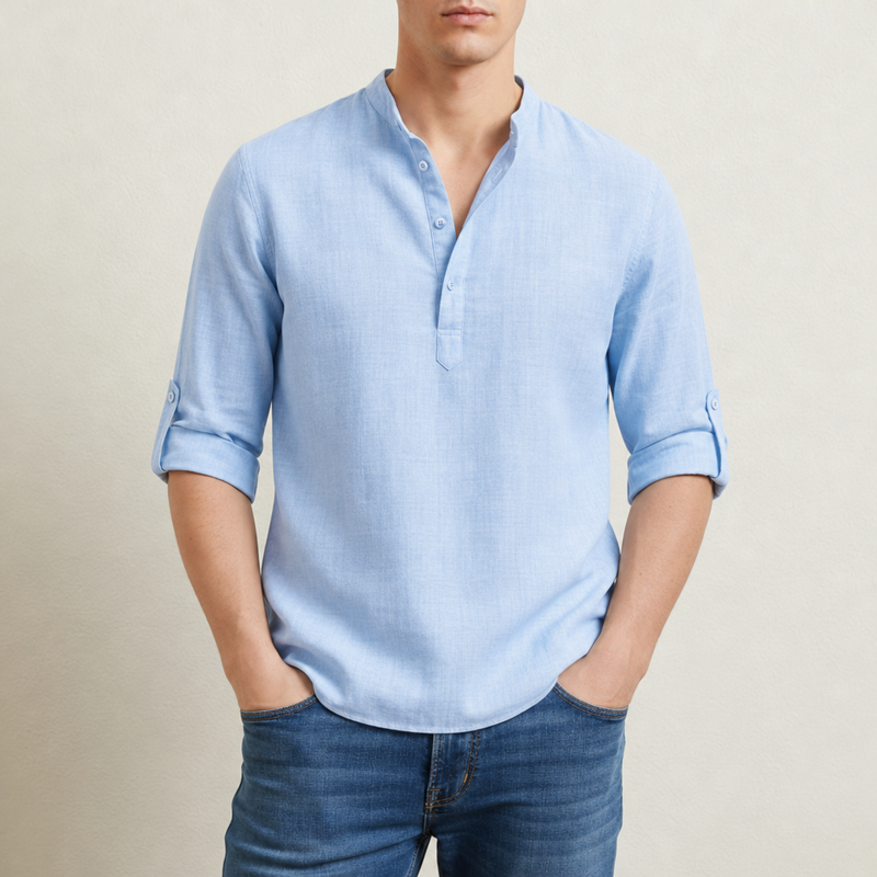 Vieste Linen Henley Shirt in Light Blue