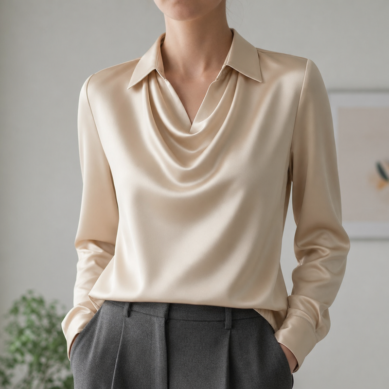 Vieste Satin Cowl Neck Blouse in Gold