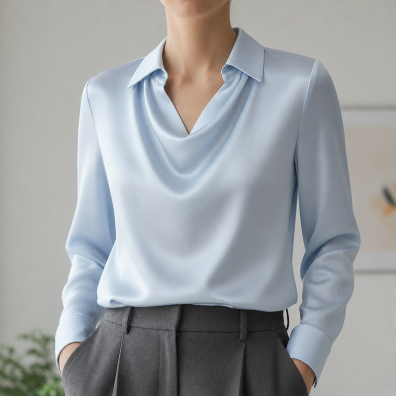 Vieste Satin Cowl Neck Blouse in Light Blue