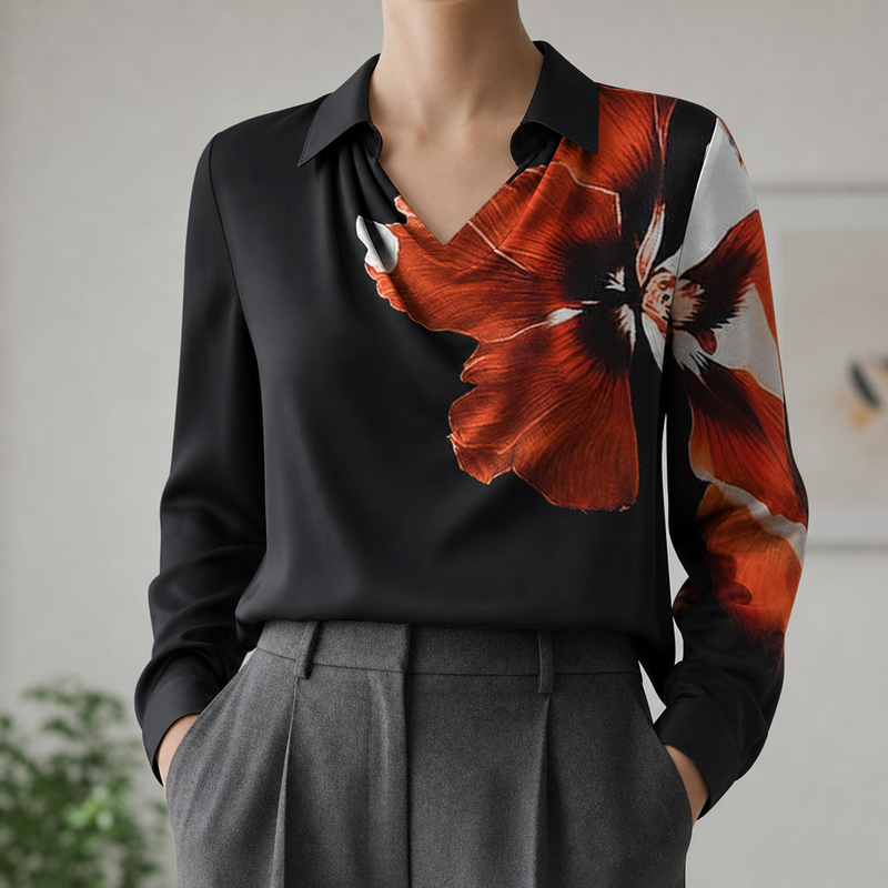 Vieste Satin Cowl Neck Blouse in Black Red
