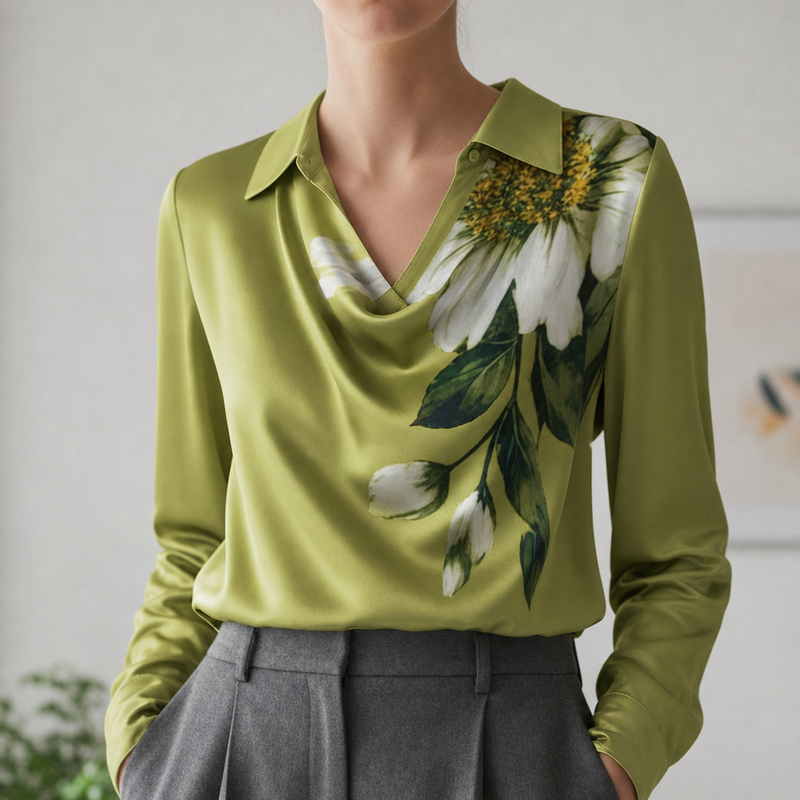 Vieste Satin Cowl Neck Blouse in Green