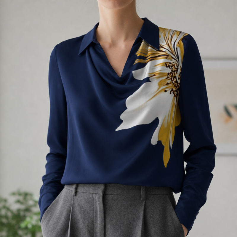 Vieste Satin Cowl Neck Blouse in Dark Blue
